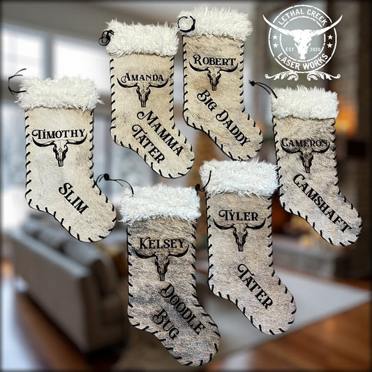16” Custom Cowhide Christmas Stocking | Personalized Western Stocking - custom laser engraved cowhide and leather western decor by Lethal Creek Laser Works LLC