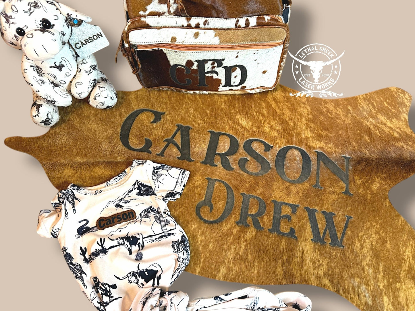 Cowgirl Baby Bundle Set - custom laser engraved cowhide and leather western decor by Lethal Creek Laser Works LLC