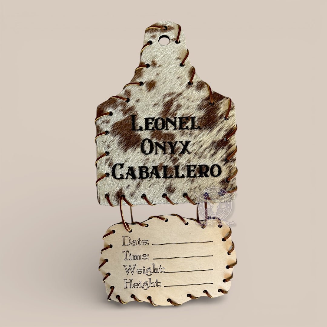 Cowhide Announcement Tag - custom laser engraved cowhide and leather western decor by Lethal Creek Laser Works LLC