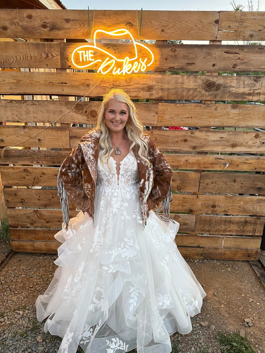 Custom Branded Cowhide Bridal Jacket | Western Wedding Jacket - custom laser engraved cowhide and leather western decor by Lethal Creek Laser Works LLC