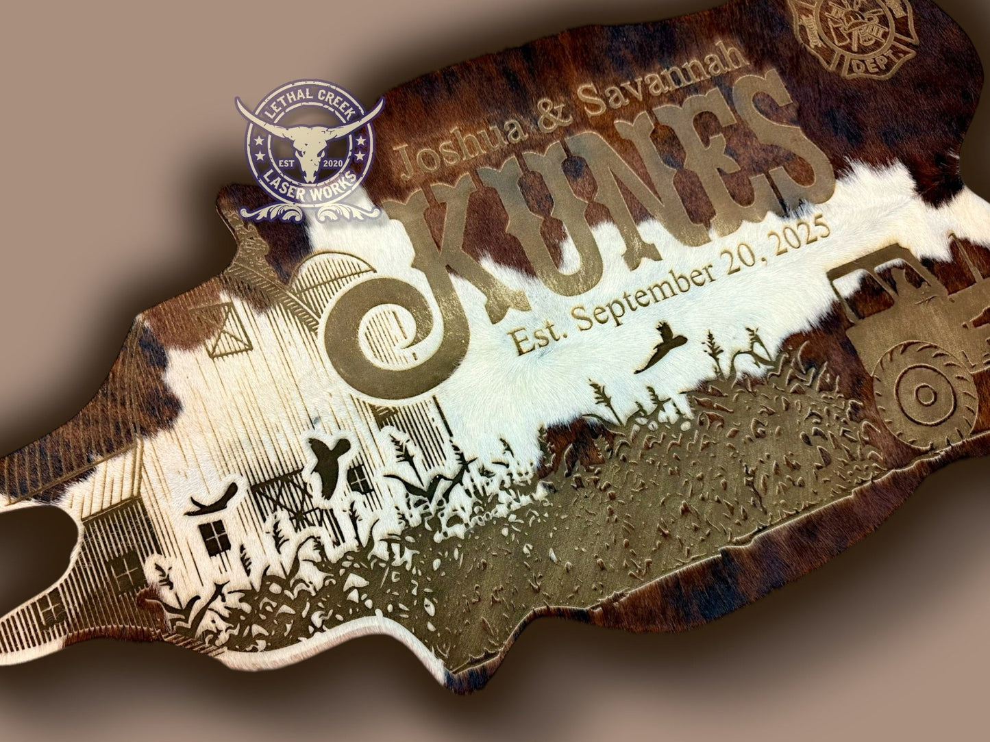 Custom Themed 3ft COWHIDE - custom laser engraved cowhide and leather western decor by Lethal Creek Laser Works LLC