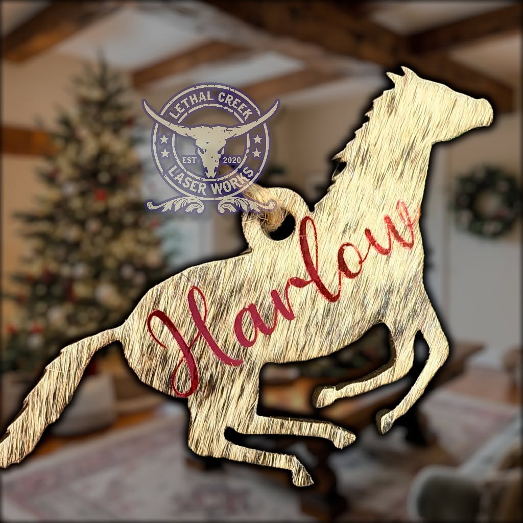 Personalized horse-shaped cowhide Christmas ornament with custom name and western design