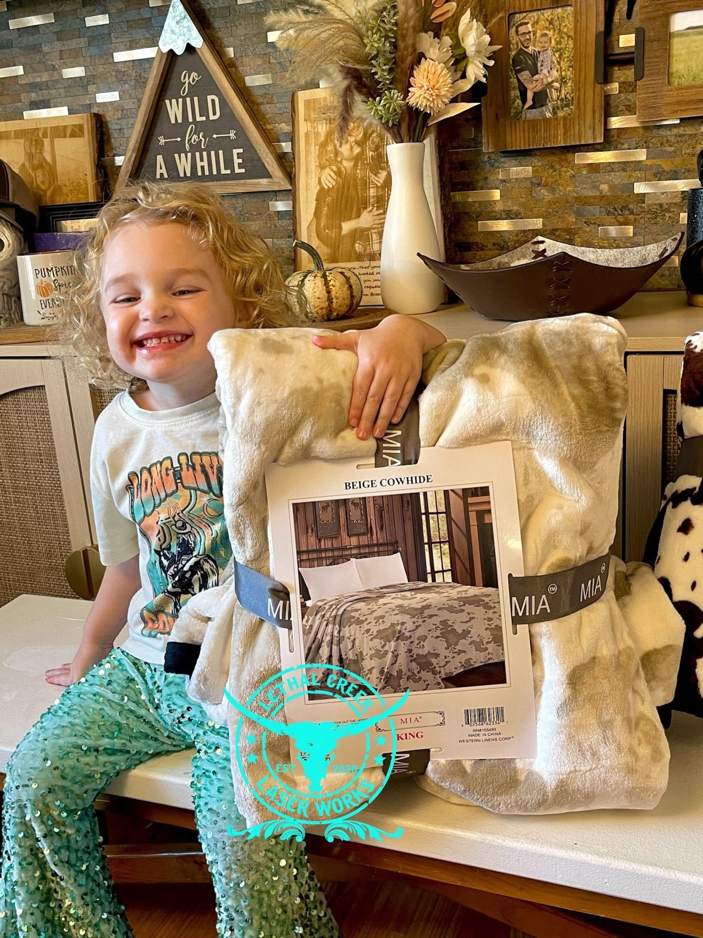 KING SIZE COW PRINT MIA BLANKET - custom laser engraved cowhide and leather western decor by Lethal Creek Laser Works LLC