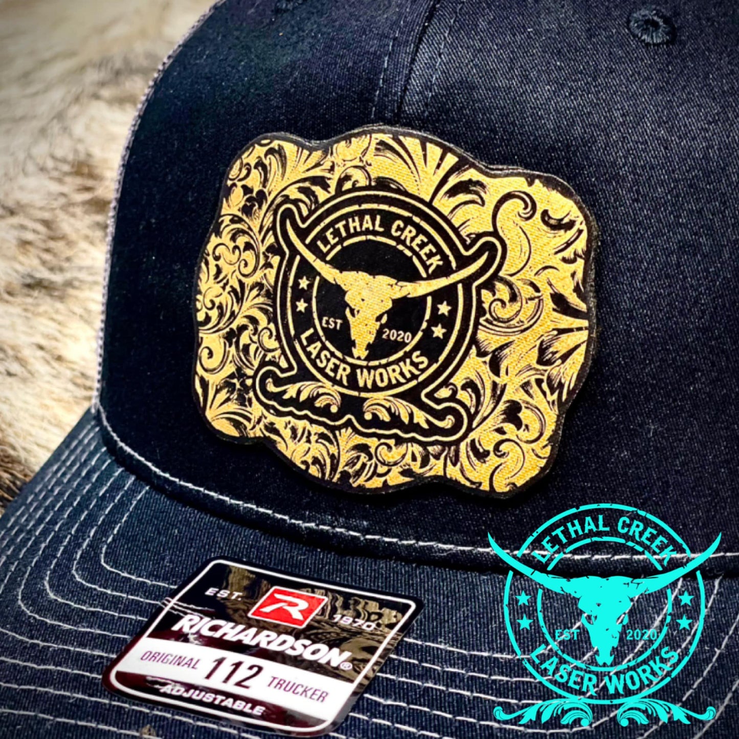 Lethal Creek Trucker Hats - custom laser engraved cowhide and leather western decor by Lethal Creek Laser Works LLC