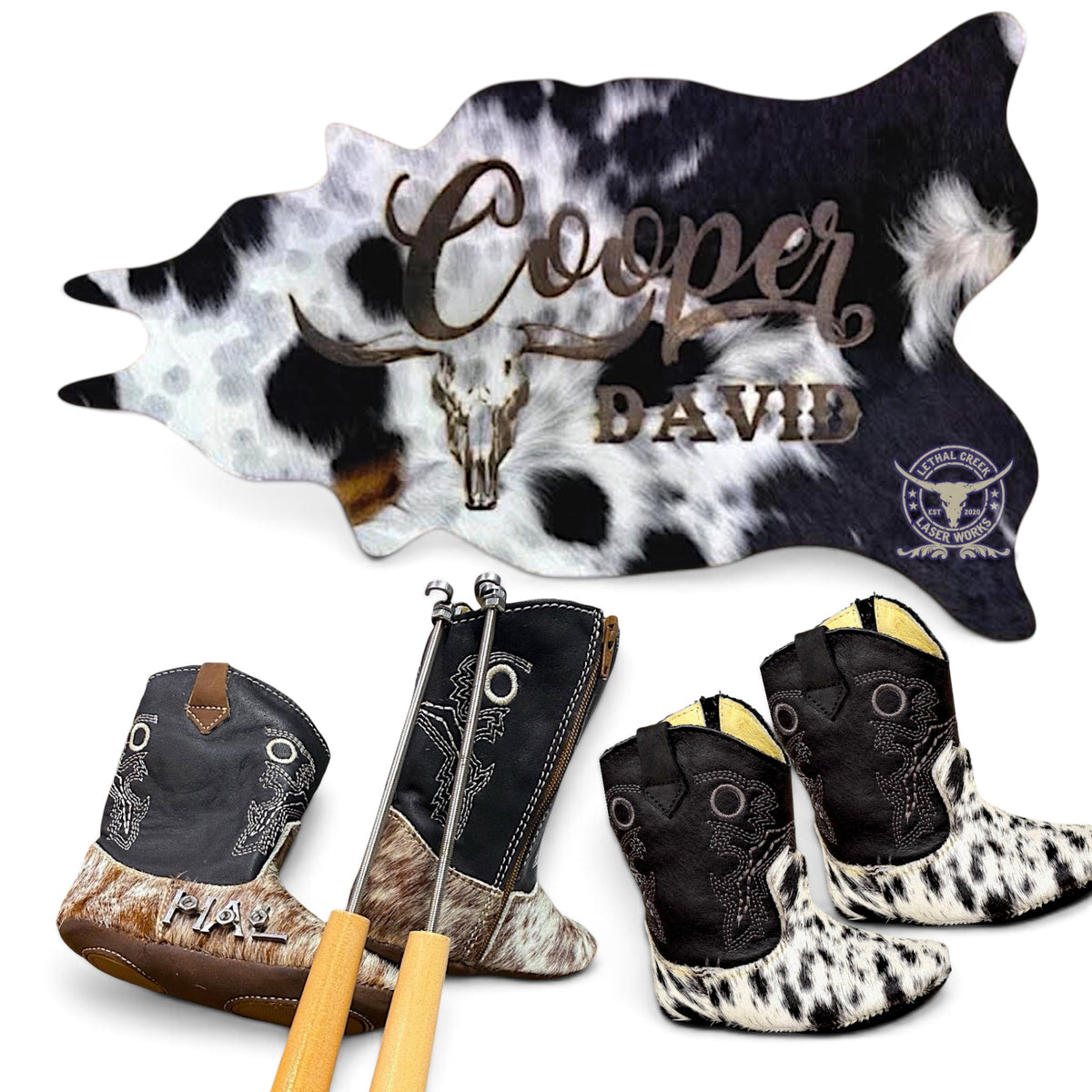 Personalized 3ft Cowhide & Baby Boots | Western Nursery Decor - custom laser engraved cowhide and leather western decor by Lethal Creek Laser Works LLC