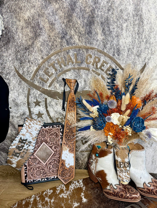 Personalized Tooled Leather & Cowhide Groom Tie | Western Wedding - custom laser engraved cowhide and leather western decor by Lethal Creek Laser Works LLC