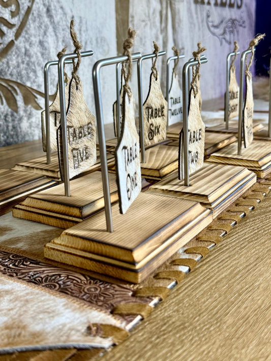Rustic Wedding Table Numbers & Personalized Wedding Frame | Western Wedding Decor - custom laser engraved cowhide and leather western decor by Lethal Creek Laser Works LLC