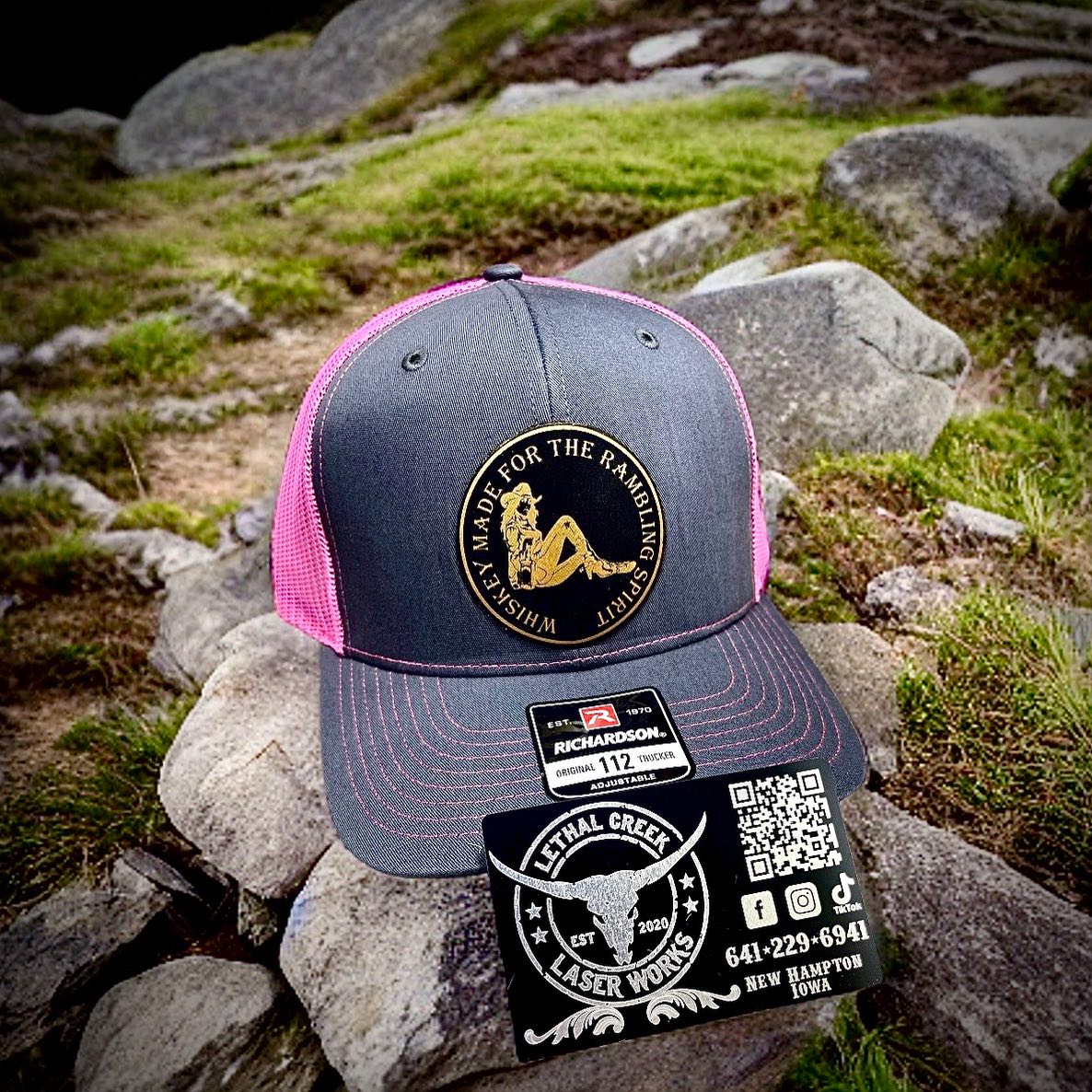 Whiskey Made for the Rambling Spirit Trucker Hats - custom laser engraved cowhide and leather western decor by Lethal Creek Laser Works LLC