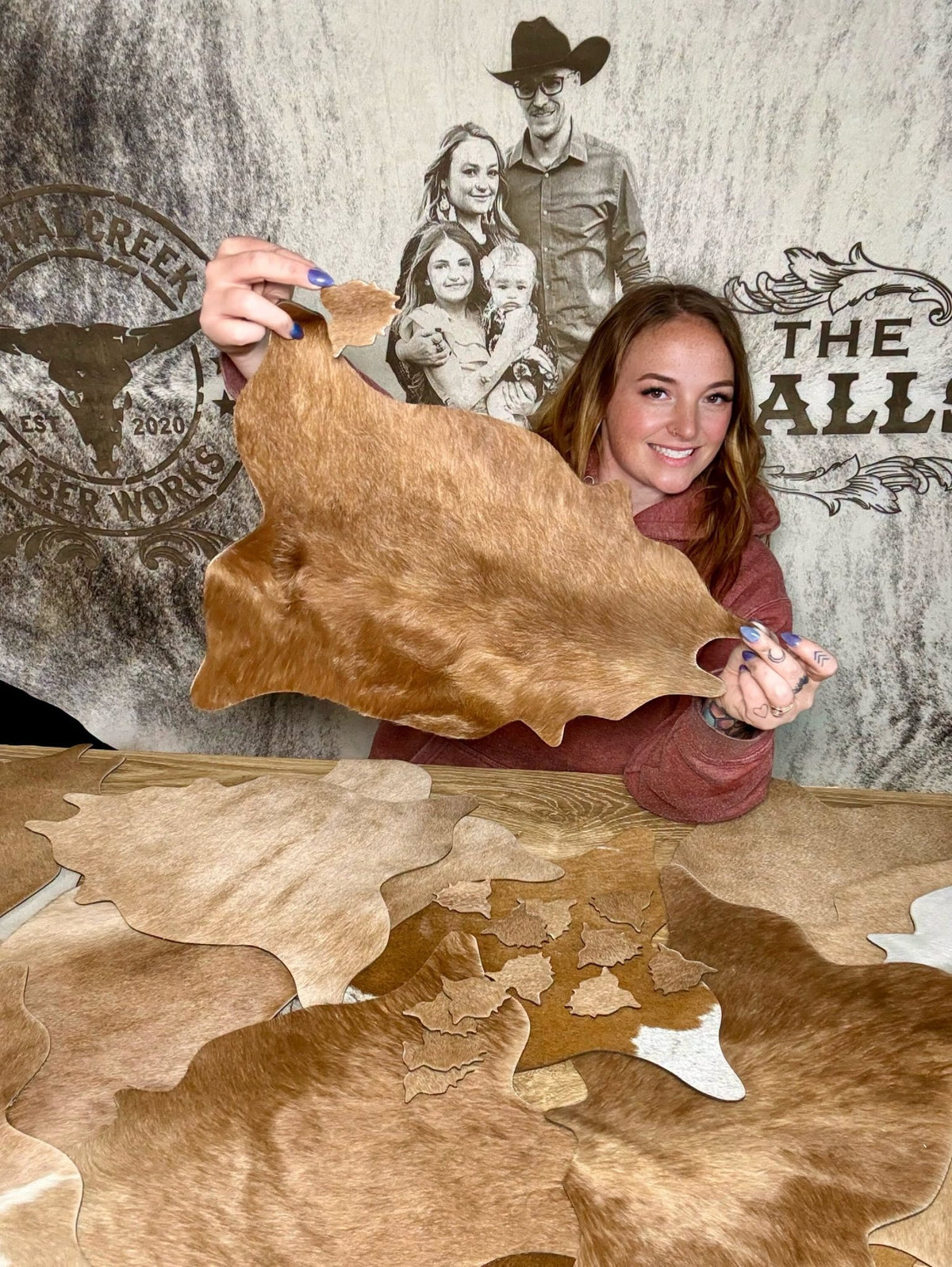 18" x 15" Cowhide Placemats & Table Toppers - Western Wedding & Farmhouse Decor -  custom laser engraved cowhide and leather western decor by Lethal Creek Laser Works LLC