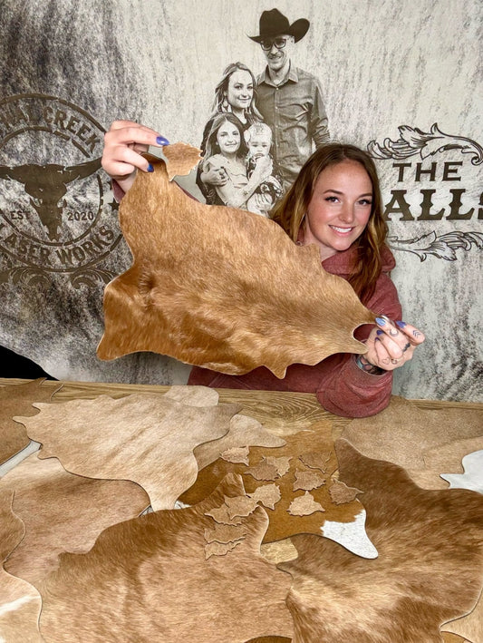 18" x 15" Cowhide Placemats & Table Toppers - Western Wedding & Farmhouse Decor -  custom laser engraved cowhide and leather western decor by Lethal Creek Laser Works LLC