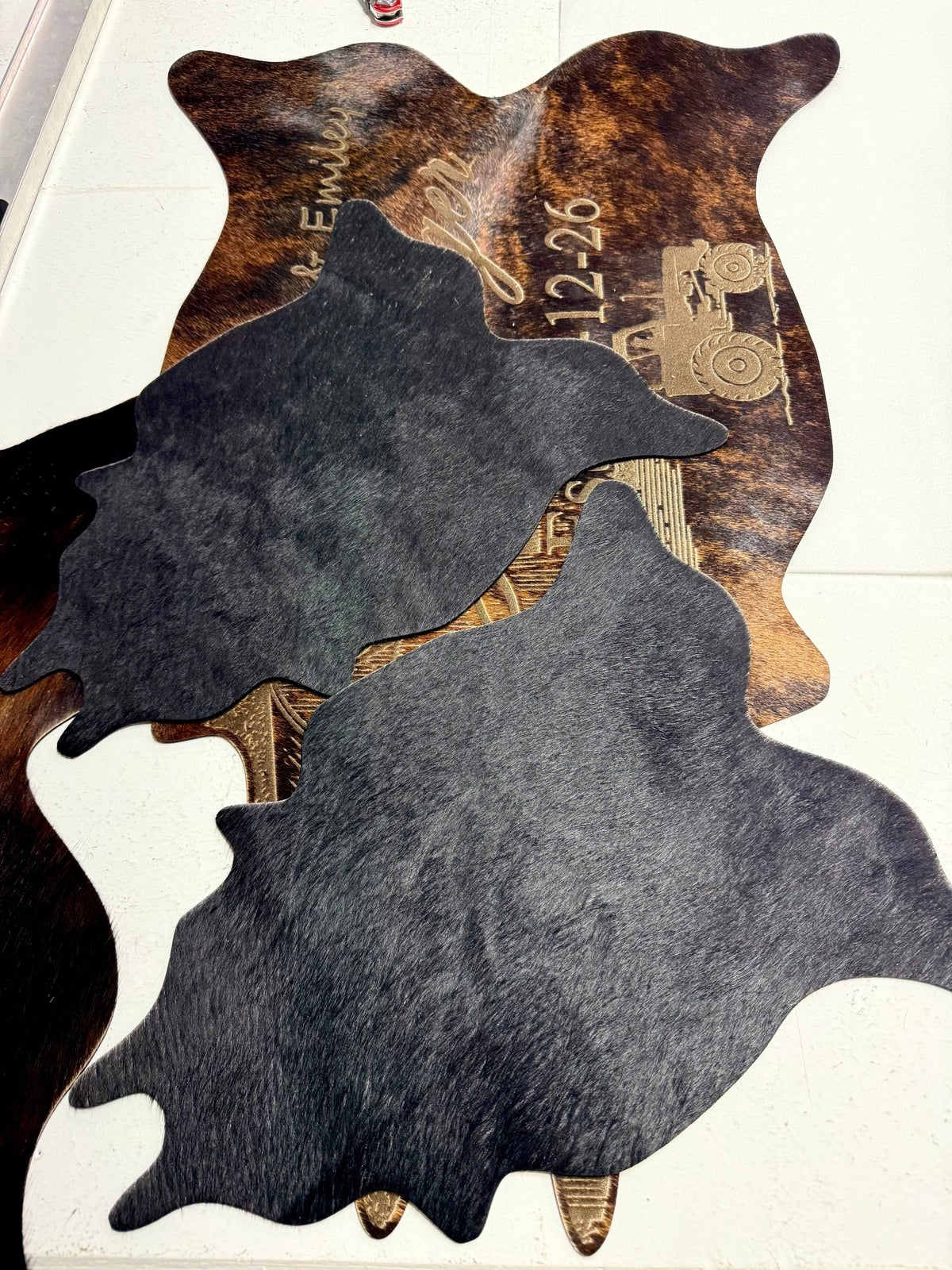 18" x 15" Cowhide Placemats & Table Toppers - Western Wedding & Farmhouse Decor -  custom laser engraved cowhide and leather western decor by Lethal Creek Laser Works LLC