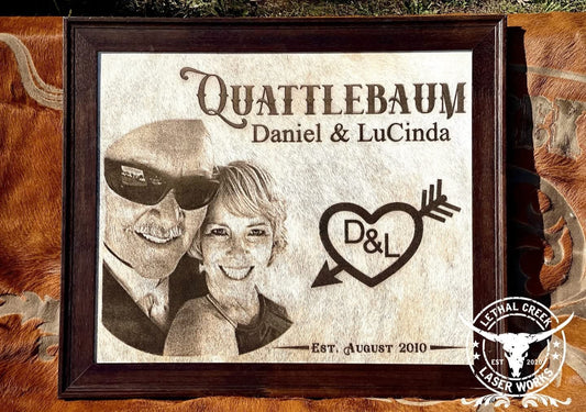 18”x24” PHOTO ENGRAVED COWHIDE ARTWORK -  custom laser engraved cowhide and leather western decor by Lethal Creek Laser Works LLC