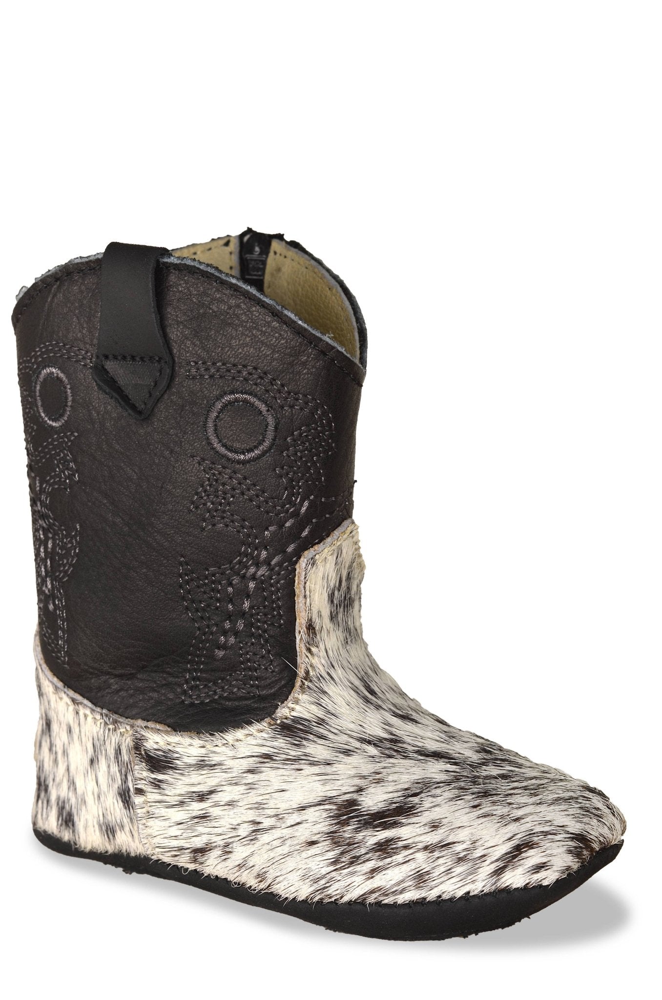 362 DARK SPECKLE, SOFT BABY BOOTS -  custom laser engraved cowhide and leather western decor by Lethal Creek Laser Works LLC