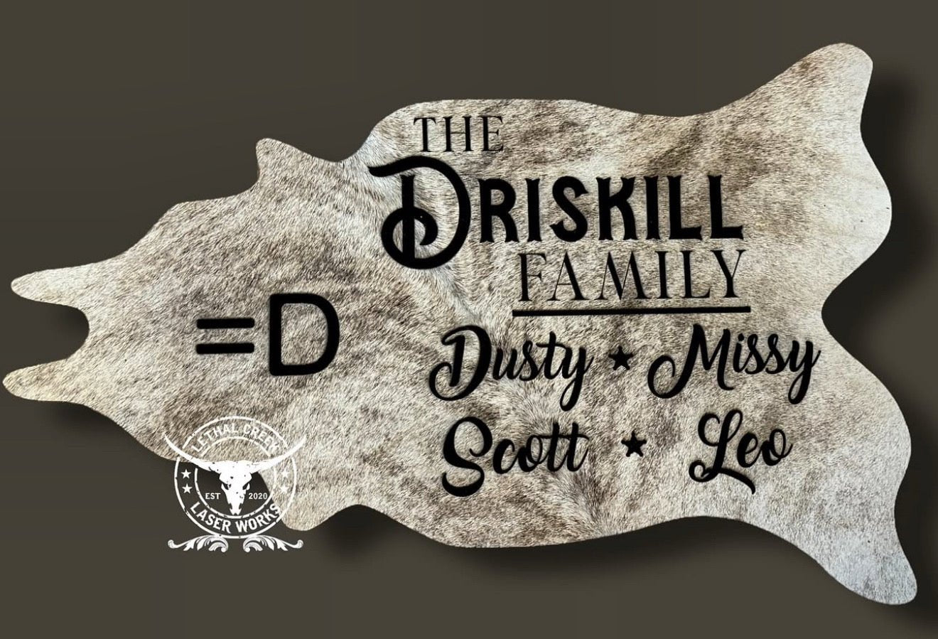 3ft CUSTOM COWHIDE -  custom laser engraved cowhide and leather western decor by Lethal Creek Laser Works LLC