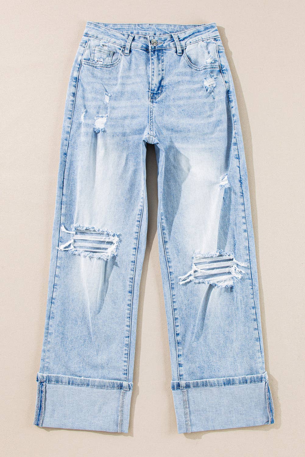 Distressed Denim Straight Leg Jeans