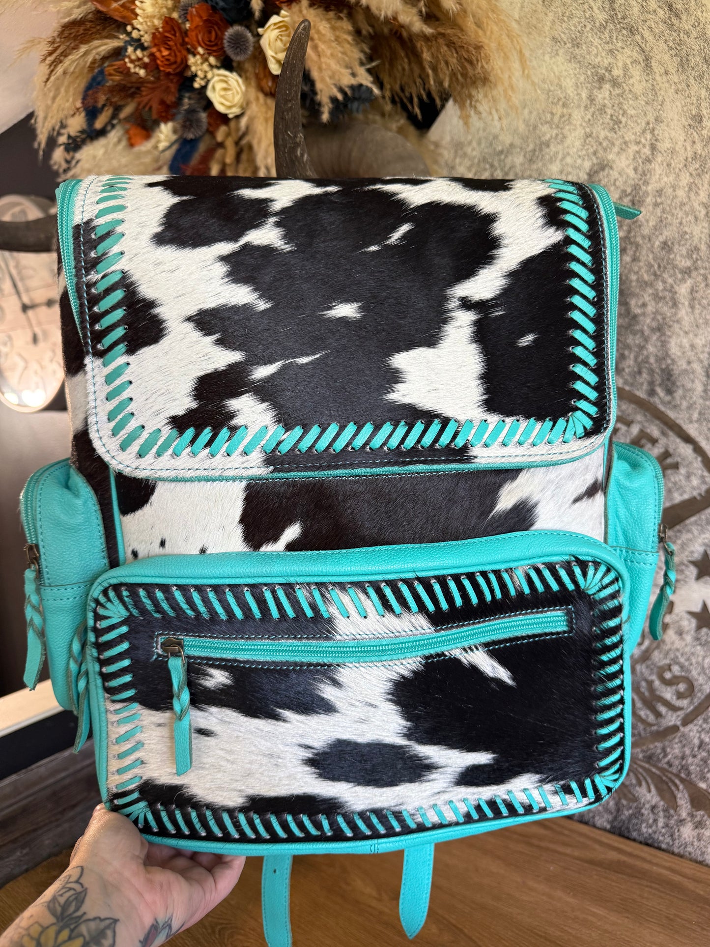 Turquoise Leather & Cowhide Western Backpack