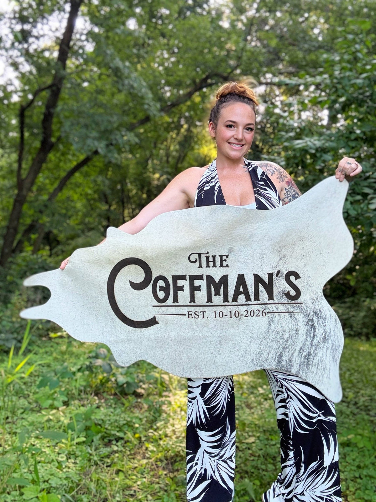 4ft Custom Cowhide Cutout -  custom laser engraved cowhide and leather western decor by Lethal Creek Laser Works LLC
