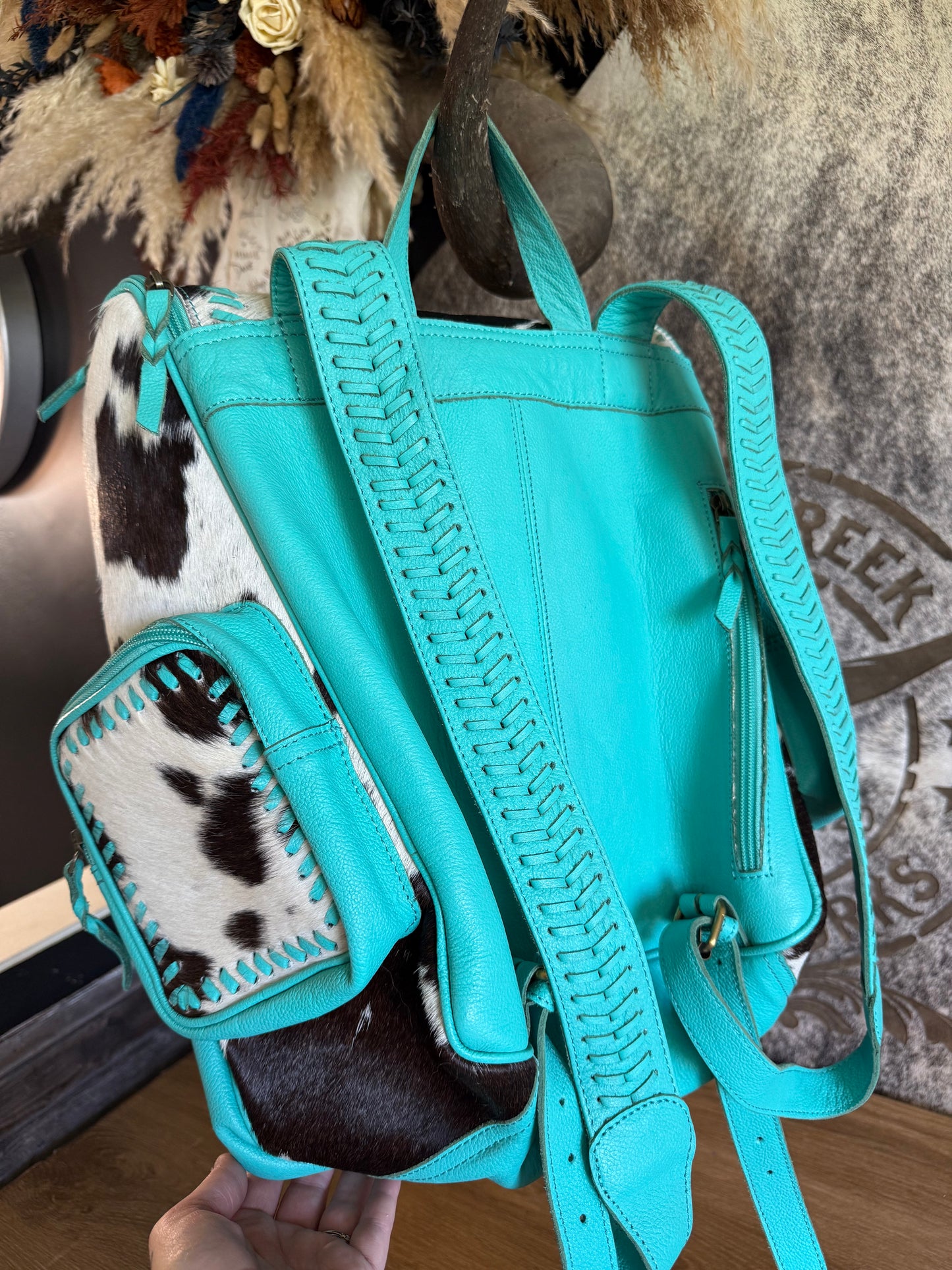 Turquoise Leather & Cowhide Western Backpack
