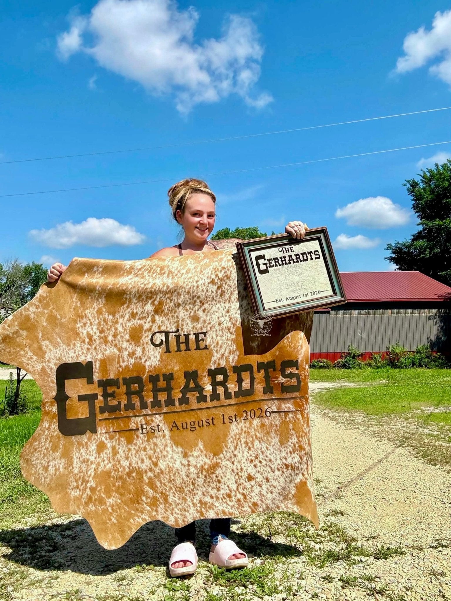 5ft Custom Branded Cowhide with Rustic Wedding Frame | Western Décor -  custom laser engraved cowhide and leather western decor by Lethal Creek Laser Works LLC
