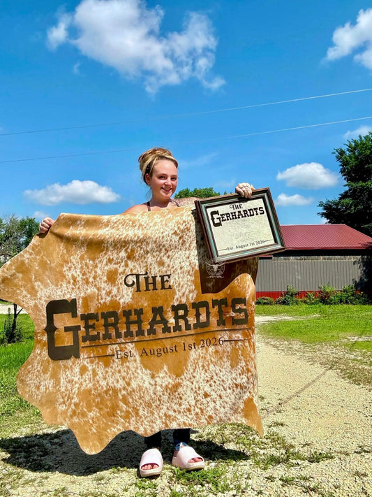 5ft Custom Branded Cowhide with Rustic Wedding Frame | Western Décor -  custom laser engraved cowhide and leather western decor by Lethal Creek Laser Works LLC