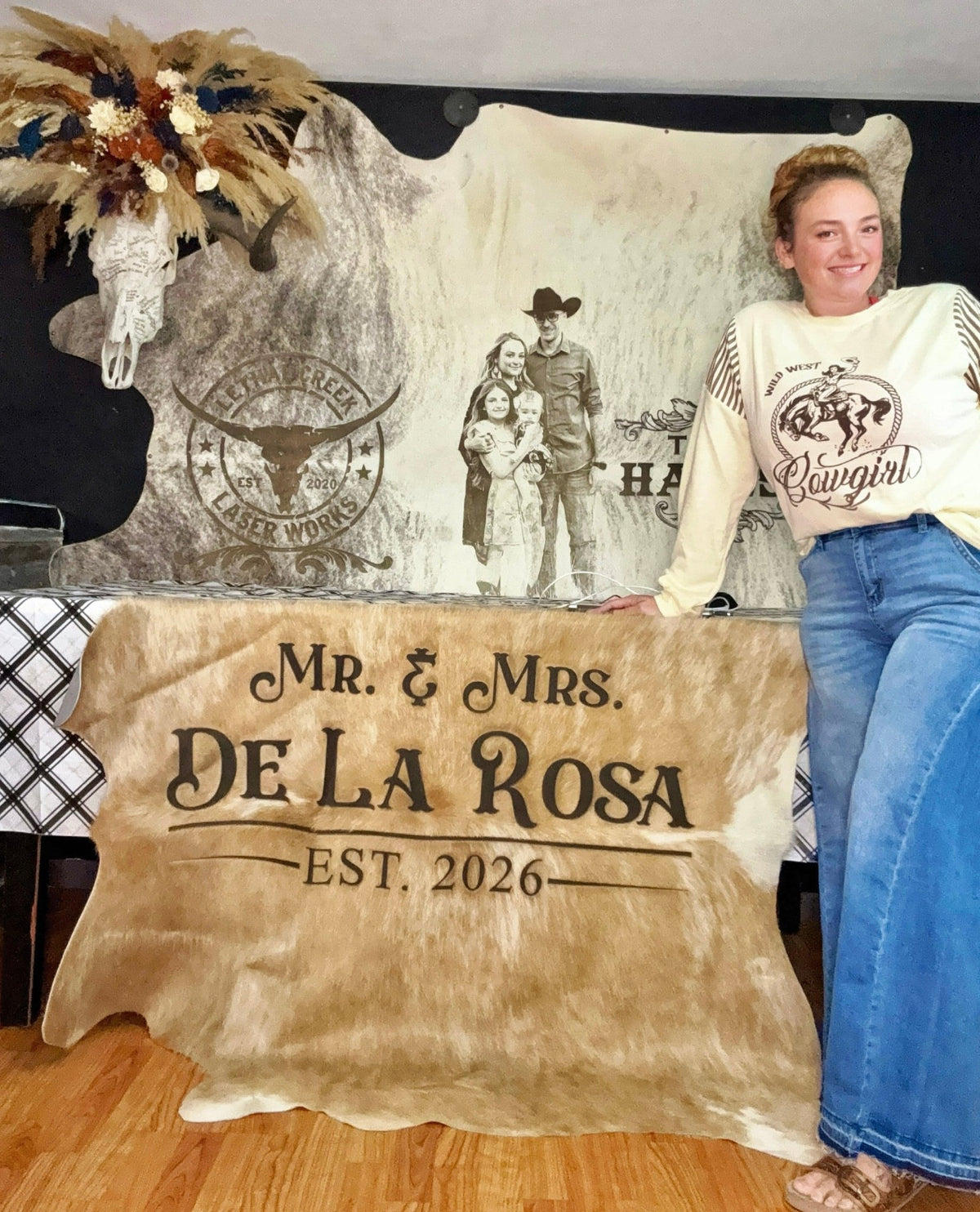 5ft Custom Laser-Branded Cowhide | Personalized Wedding Backdrop & Home Décor -  custom laser engraved cowhide and leather western decor by Lethal Creek Laser Works LLC