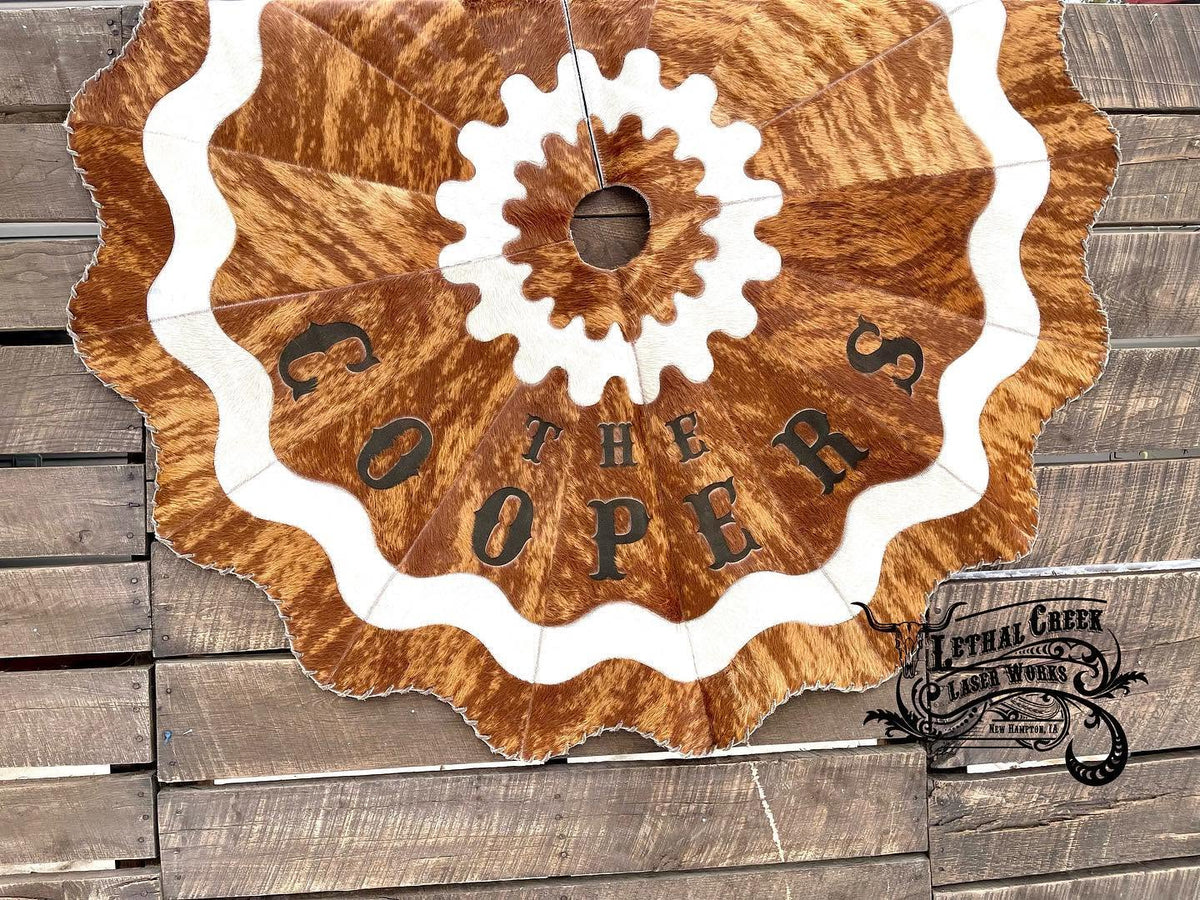 6 FT Custom Cowhide Christmas Tree Skirt | Personalized Western Heirloom -  custom laser engraved cowhide and leather western decor by Lethal Creek Laser Works LLC