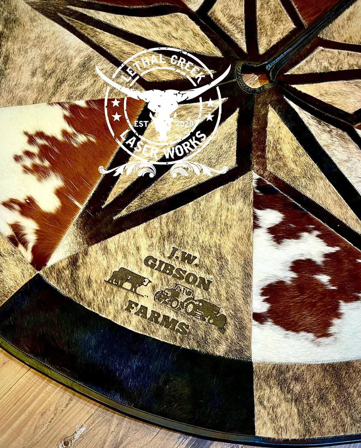 6 FT Custom Cowhide Christmas Tree Skirt | Personalized Western Heirloom -  custom laser engraved cowhide and leather western decor by Lethal Creek Laser Works LLC