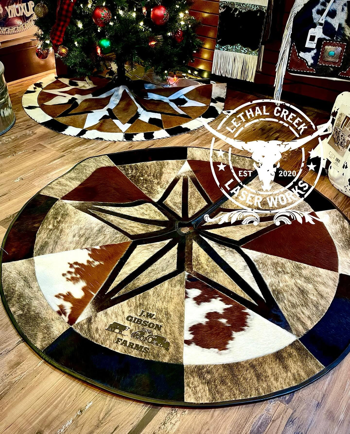 6 FT Custom Cowhide Christmas Tree Skirt | Personalized Western Heirloom -  custom laser engraved cowhide and leather western decor by Lethal Creek Laser Works LLC