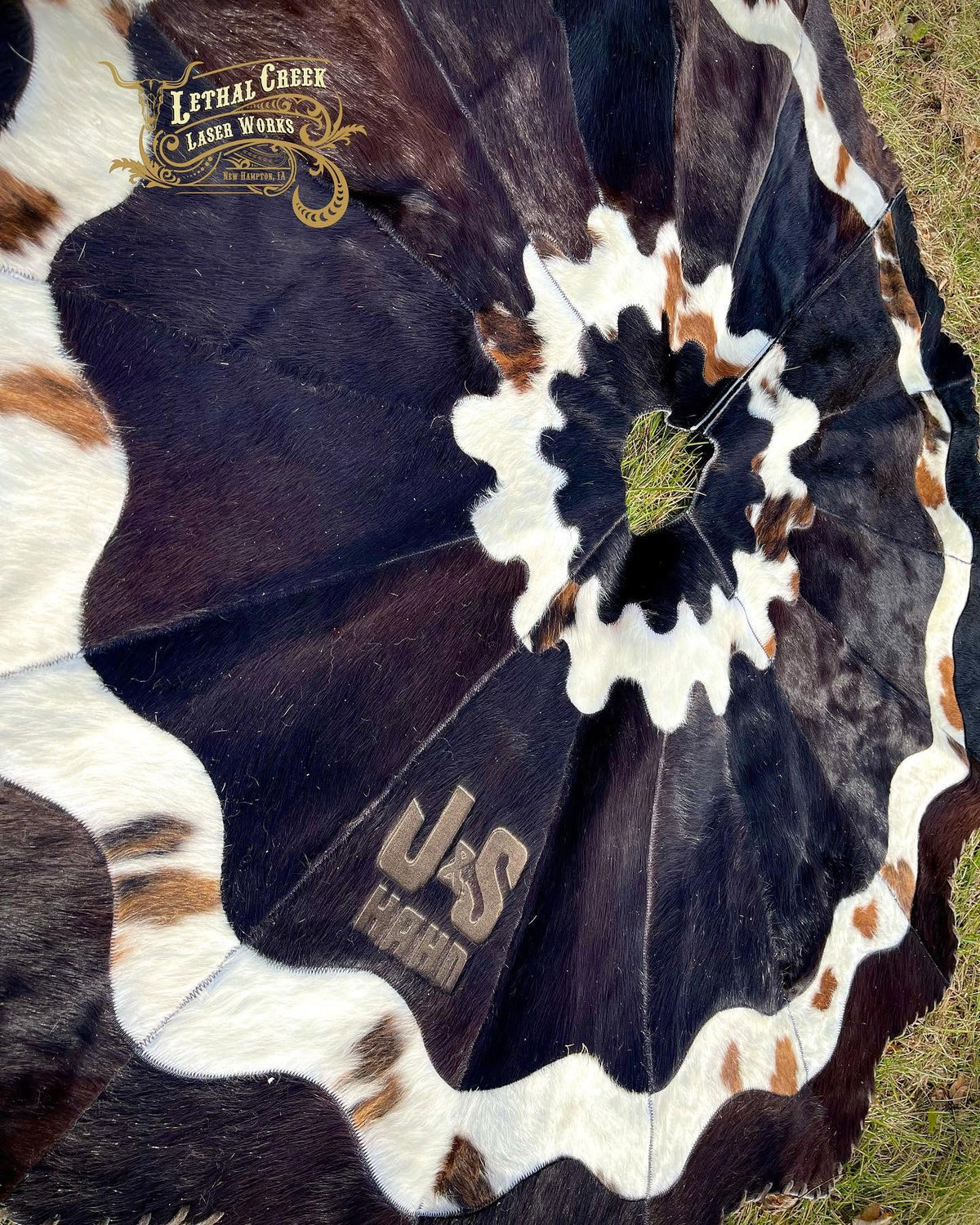 6 FT Custom Cowhide Christmas Tree Skirt | Personalized Western Heirloom -  custom laser engraved cowhide and leather western decor by Lethal Creek Laser Works LLC