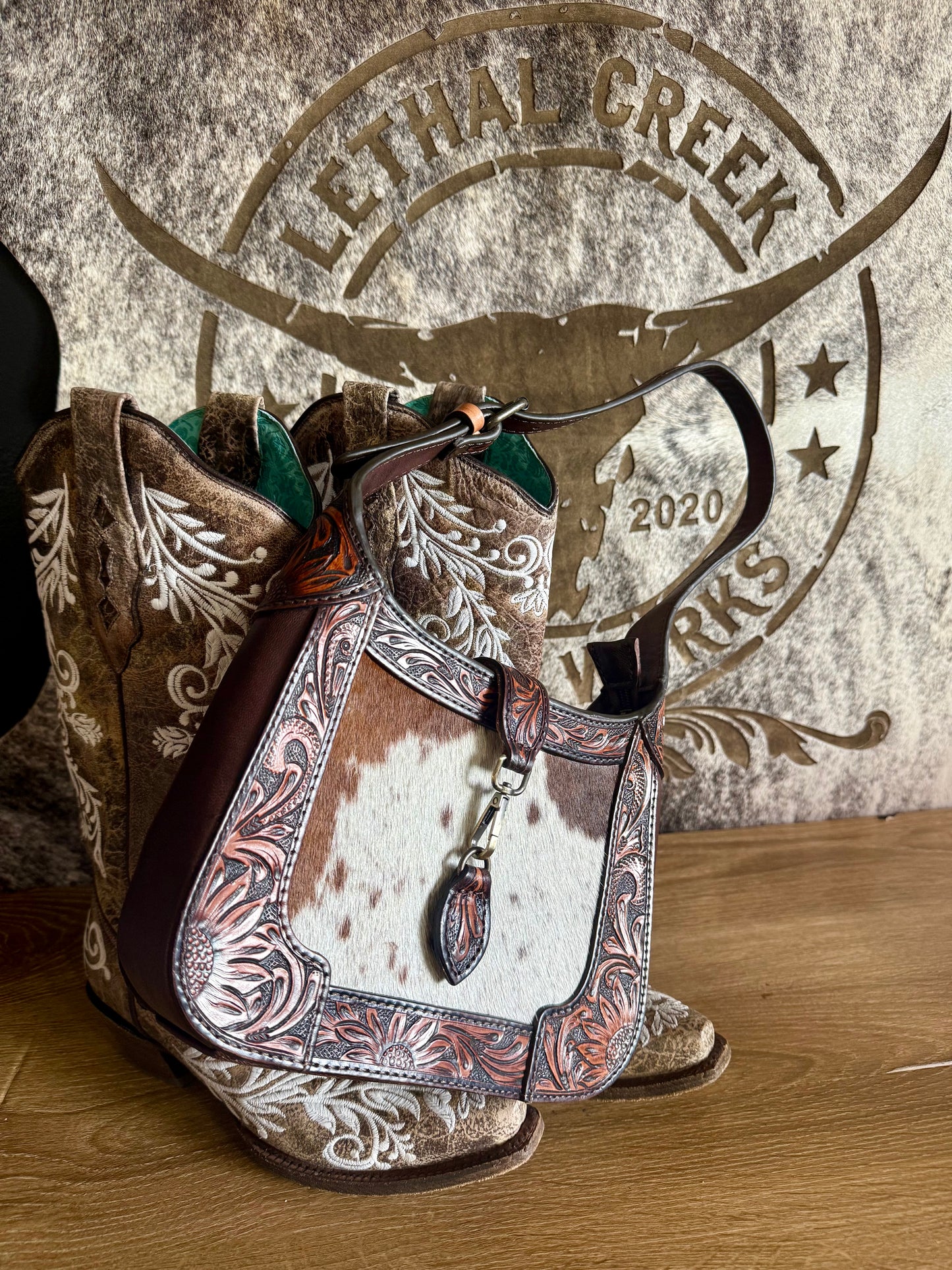 Tooled Leather & Cowhide Western Crossbody Purse
