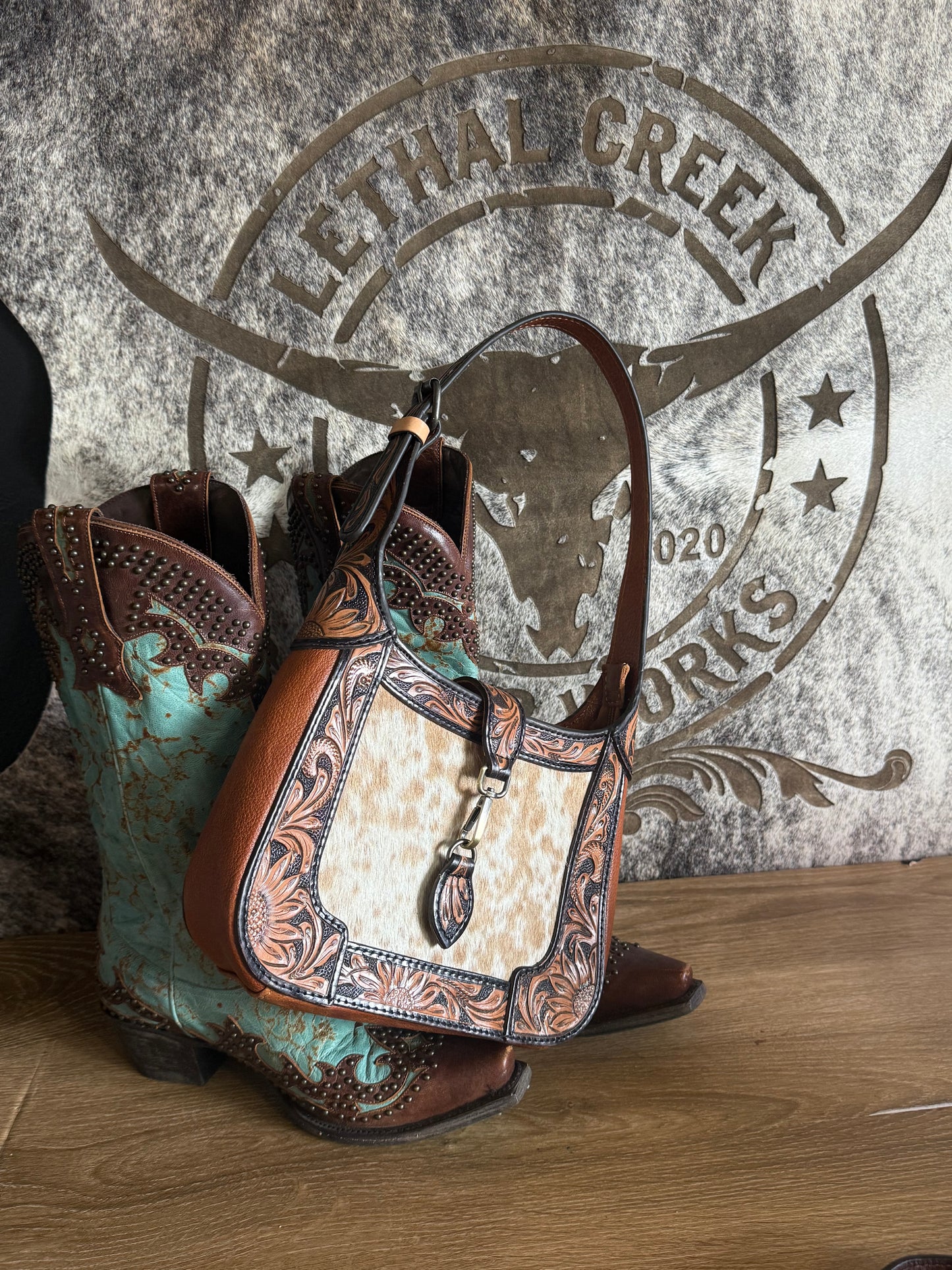 Tooled Leather & Cowhide Western Crossbody Purse