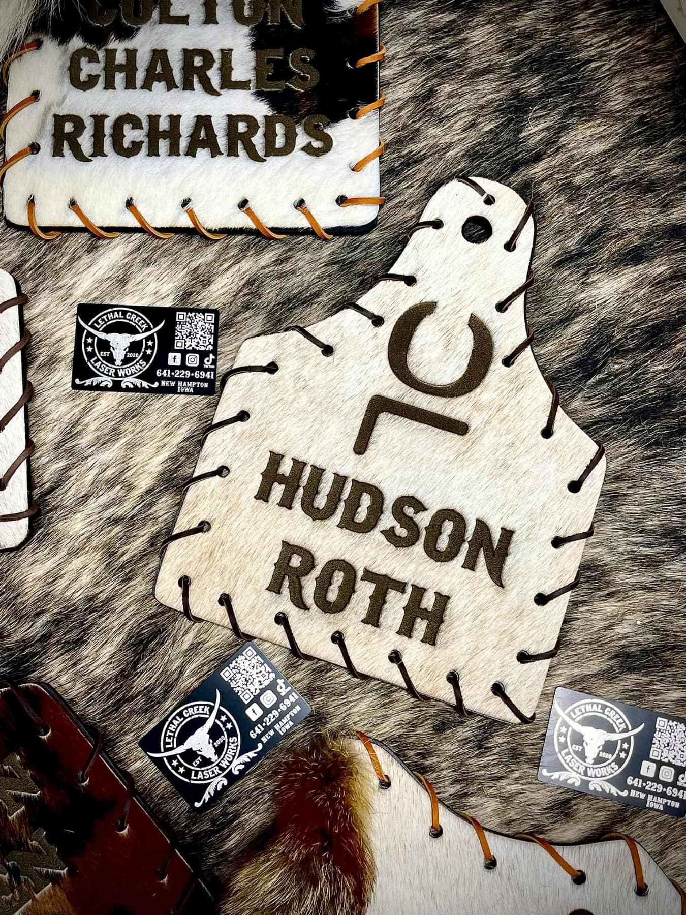 Announcement Tag -  custom laser engraved cowhide and leather western decor by Lethal Creek Laser Works LLC