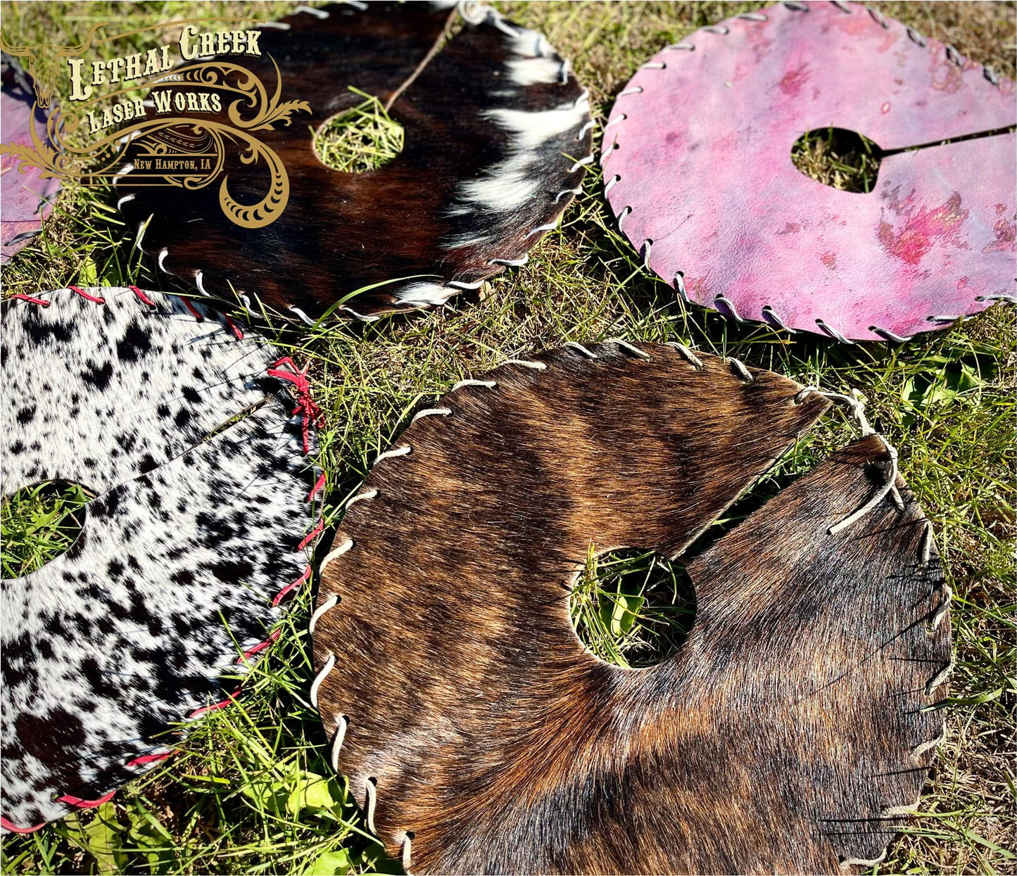 Assorted brown, black, white and specialty mini cowhide Christmas tree skirts