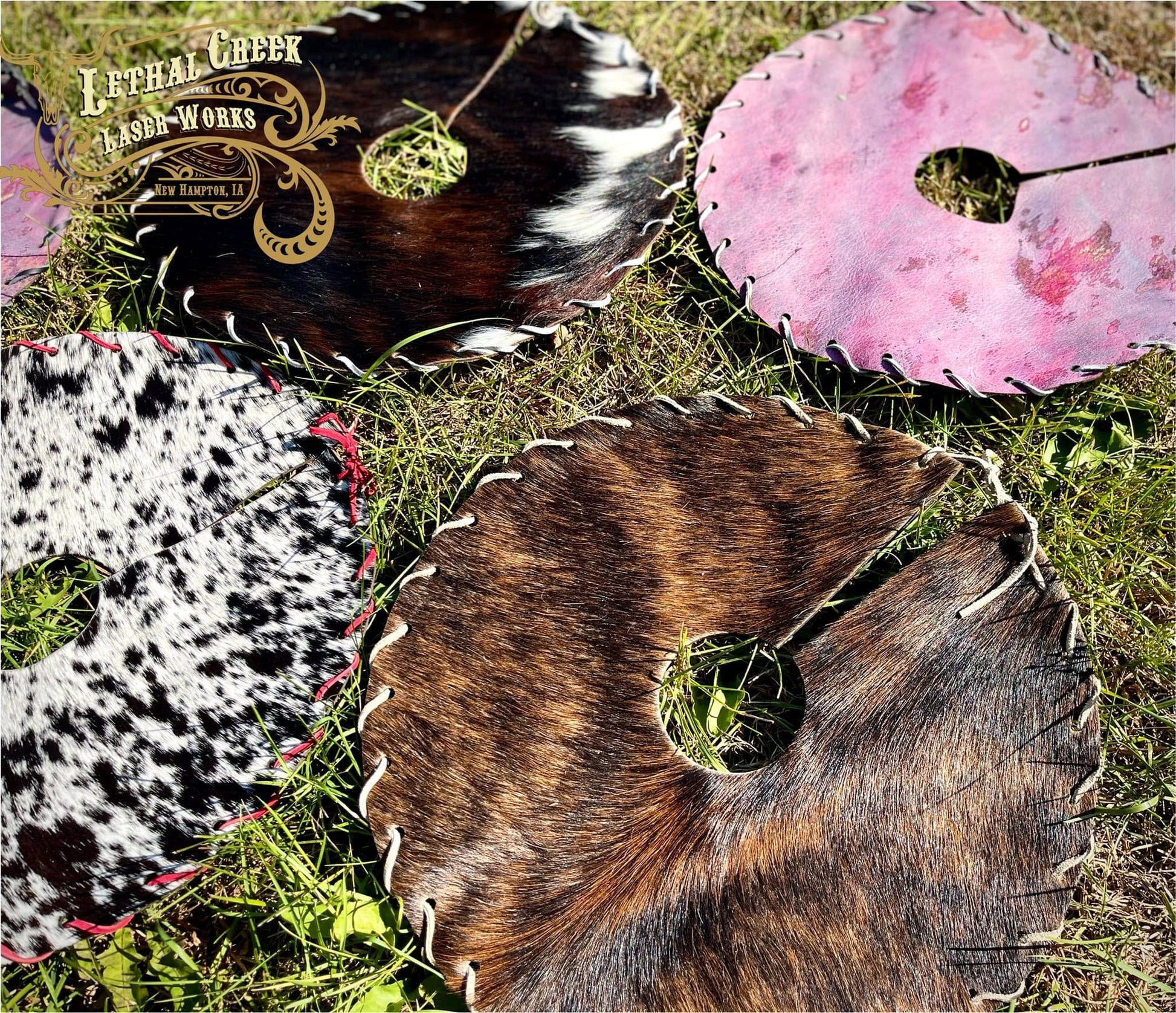 Assorted brown, black, white and specialty mini cowhide Christmas tree skirts