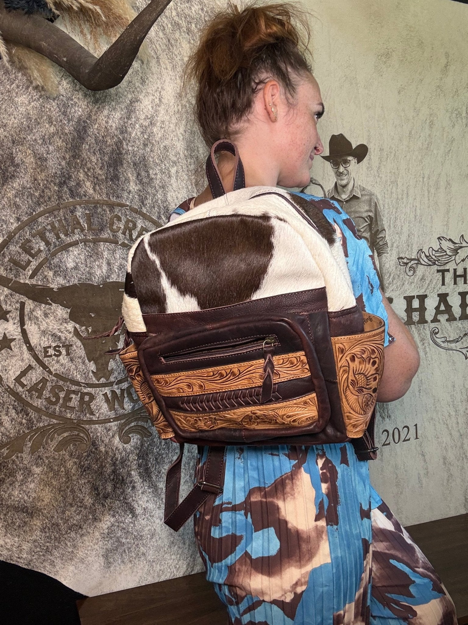 Backpack Genuine Western Leather Women Bag Becca -  custom laser engraved cowhide and leather western decor by Lethal Creek Laser Works LLC