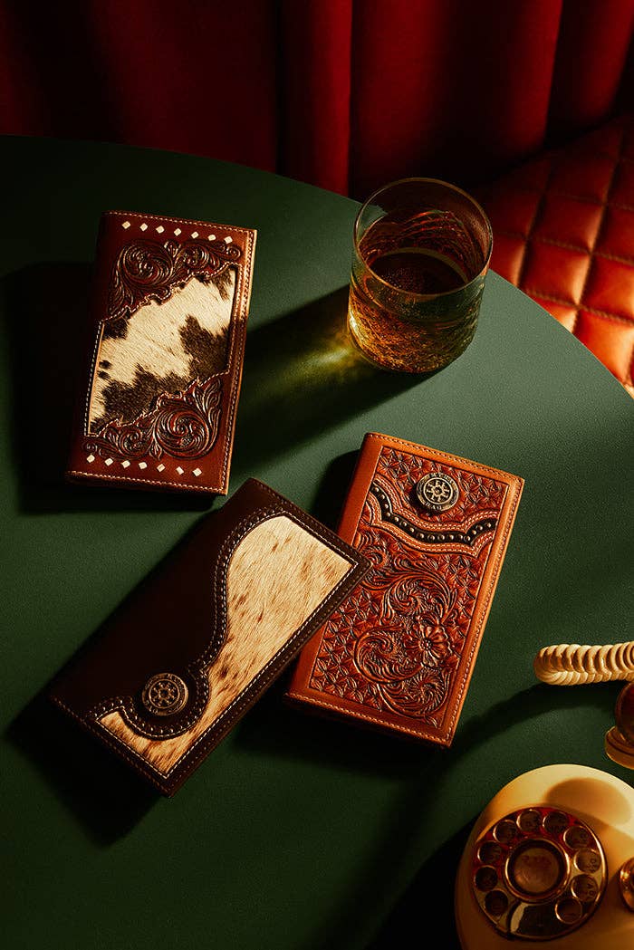 Blackhoof Handtooled Hairon Wallet in Midnight Smoke -  custom laser engraved cowhide and leather western decor by Lethal Creek Laser Works LLC
