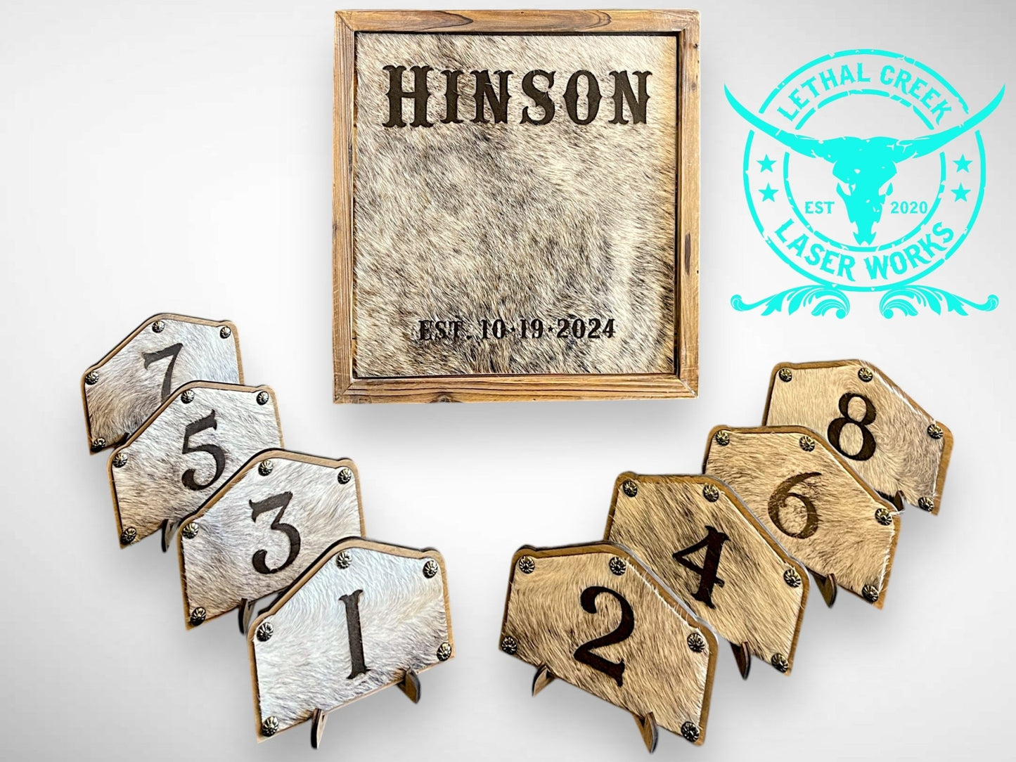 BRANDING COWHIDE FRAME & TABLE NUMBERS -  custom laser engraved cowhide and leather western decor by Lethal Creek Laser Works LLC