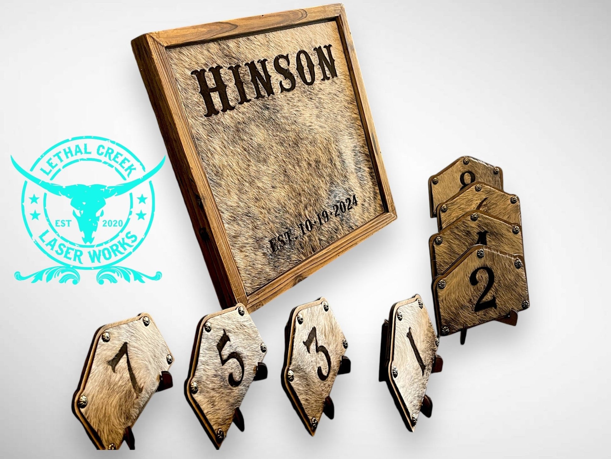 BRANDING COWHIDE FRAME & TABLE NUMBERS -  custom laser engraved cowhide and leather western decor by Lethal Creek Laser Works LLC