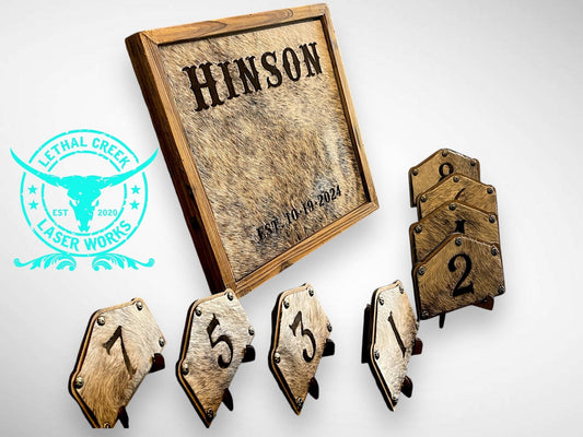 BRANDING COWHIDE FRAME & TABLE NUMBERS -  custom laser engraved cowhide and leather western decor by Lethal Creek Laser Works LLC