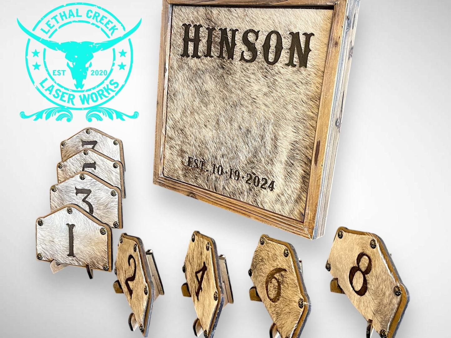 BRANDING COWHIDE FRAME & TABLE NUMBERS -  custom laser engraved cowhide and leather western decor by Lethal Creek Laser Works LLC