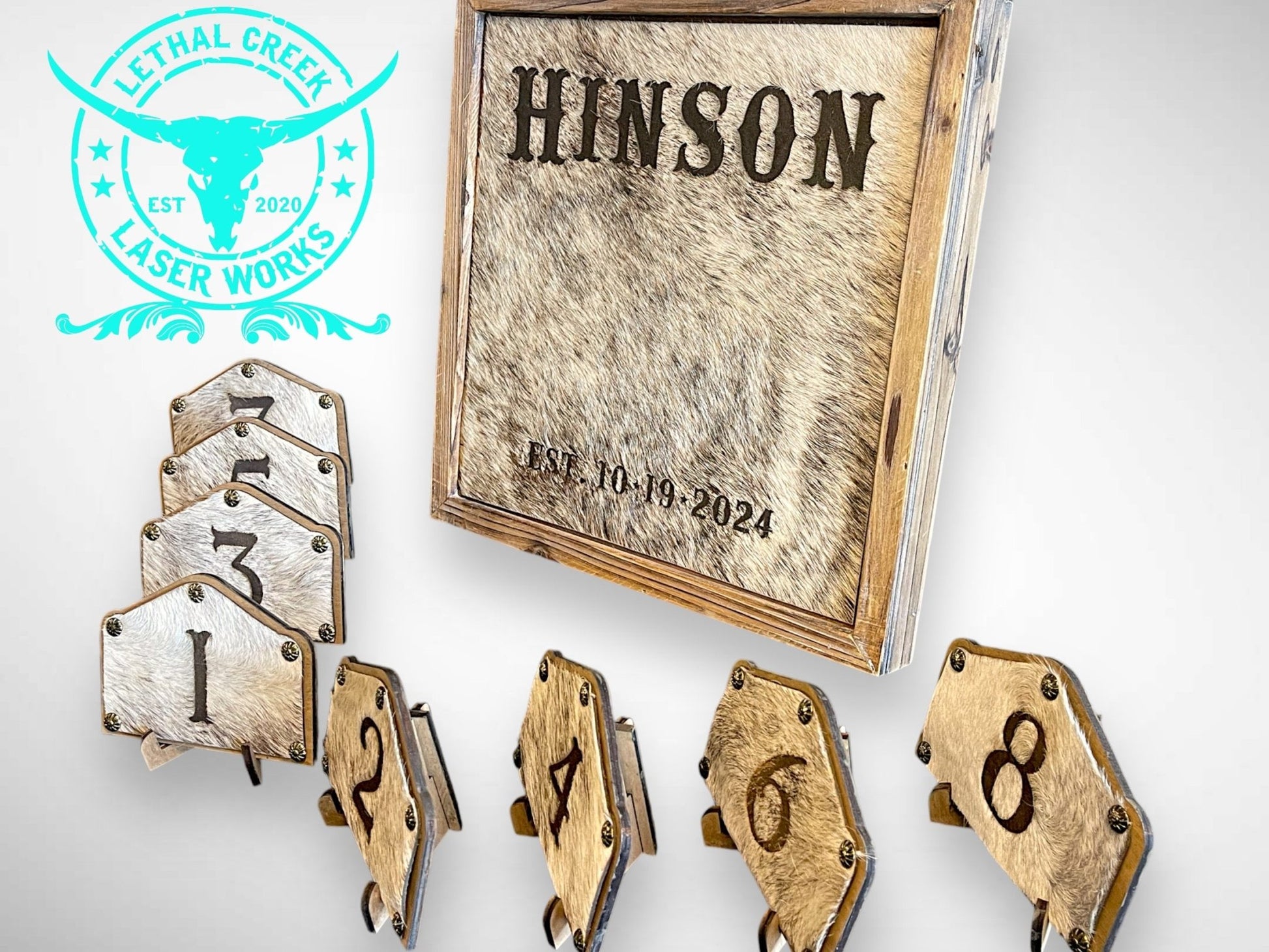 BRANDING COWHIDE FRAME & TABLE NUMBERS -  custom laser engraved cowhide and leather western decor by Lethal Creek Laser Works LLC
