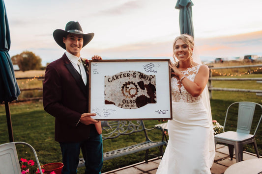 Branding Cowhide Guest Board Frames -  custom laser engraved cowhide and leather western decor by Lethal Creek Laser Works LLC