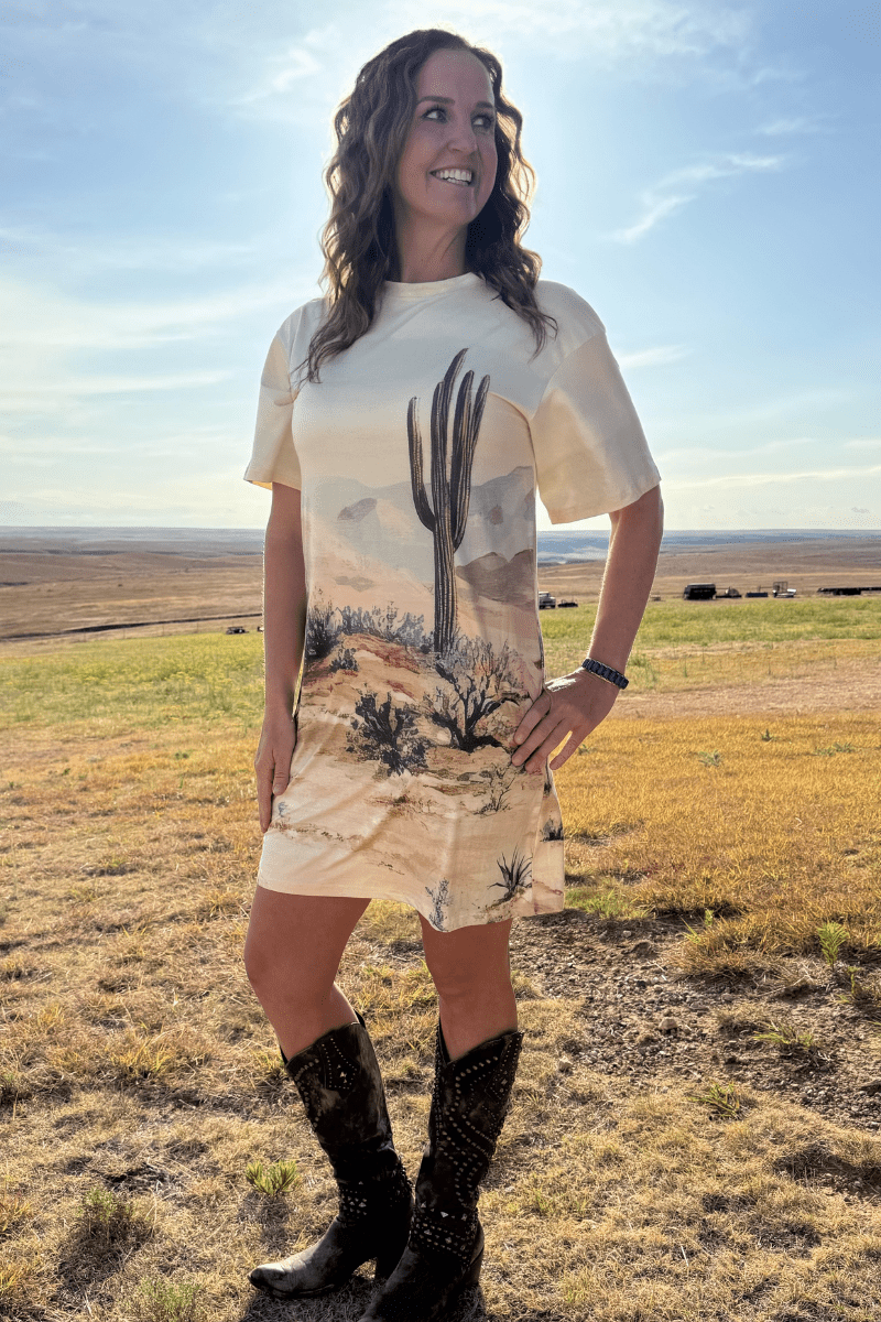 Canyon Sands T-Shirt Dress -  custom laser engraved cowhide and leather western decor by Lethal Creek Laser Works LLC