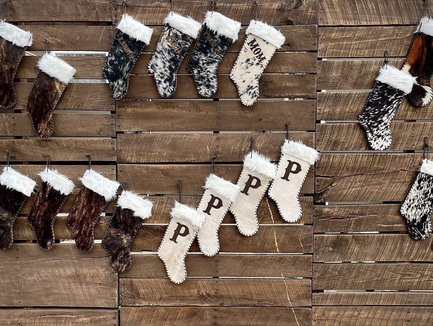 Christmas Cowhide Stockings - CUSTOM LASER BRANDED -  custom laser engraved cowhide and leather western decor by Lethal Creek Laser Works LLC