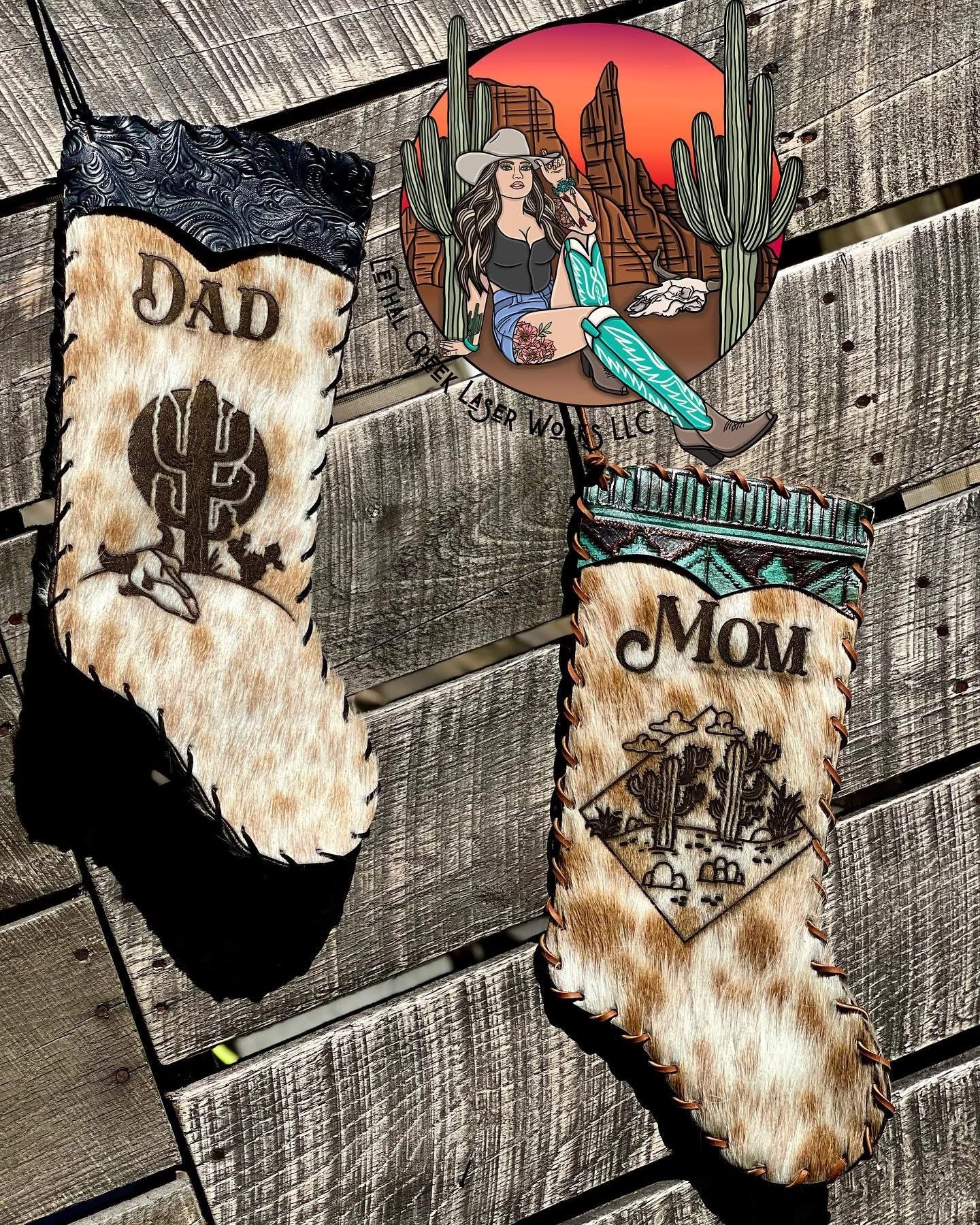 Christmas Cowhide Stockings - CUSTOM LASER BRANDED -  custom laser engraved cowhide and leather western decor by Lethal Creek Laser Works LLC