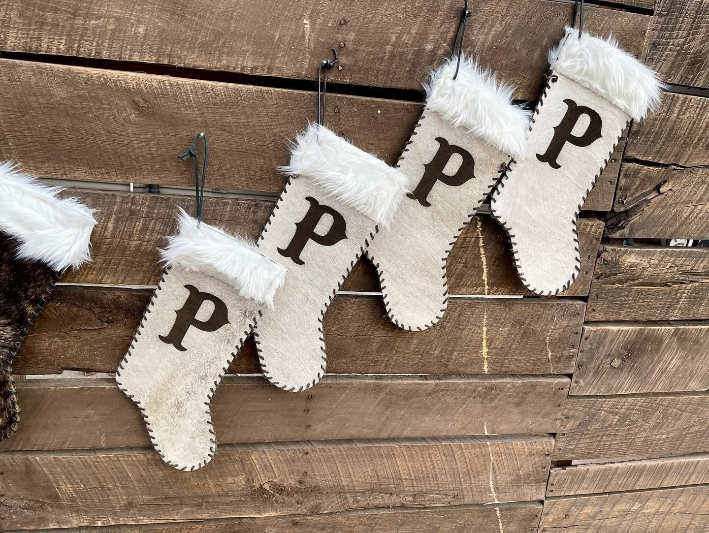 Christmas Cowhide Stockings - CUSTOM LASER BRANDED -  custom laser engraved cowhide and leather western decor by Lethal Creek Laser Works LLC