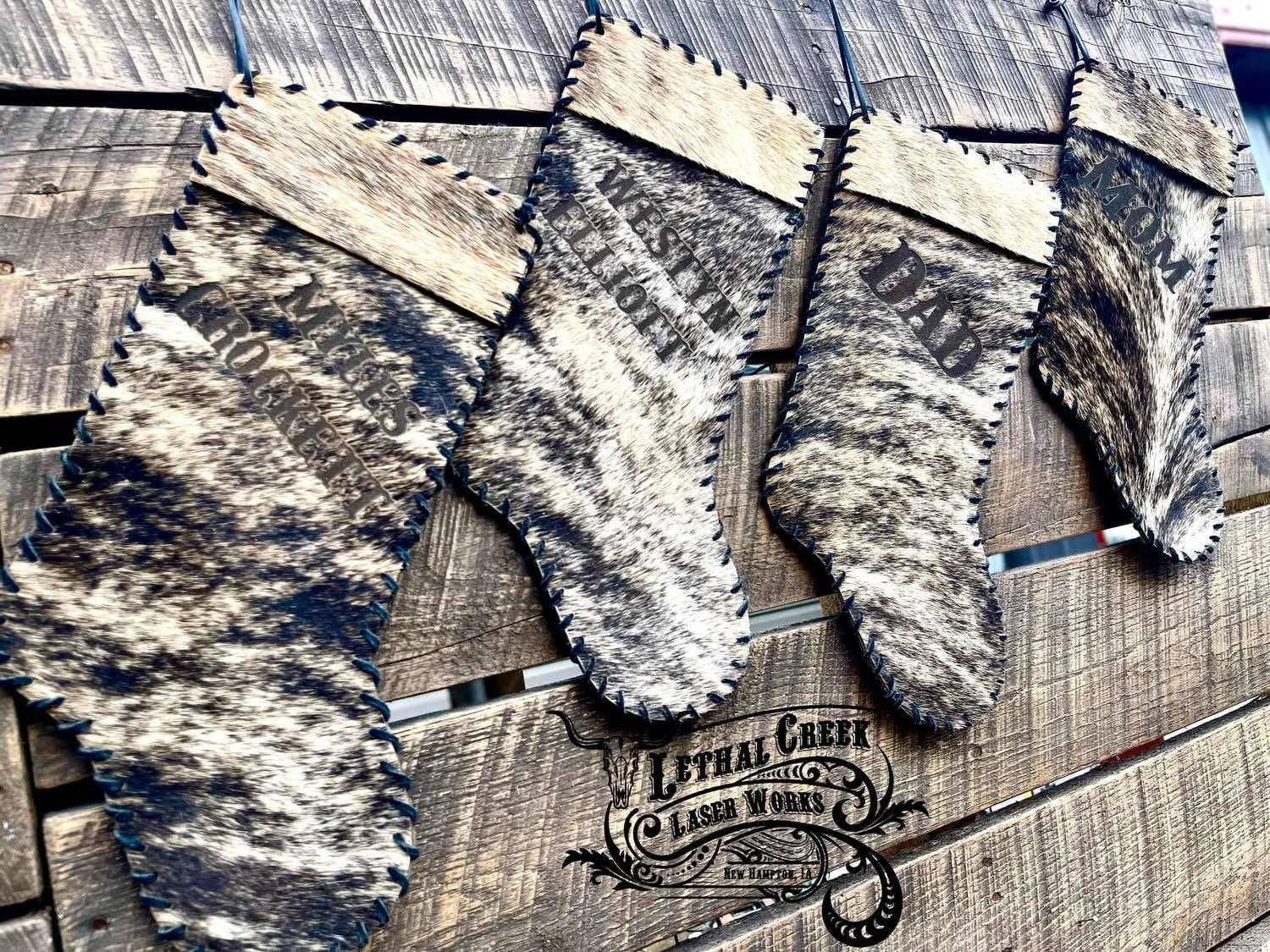 Christmas Cowhide Stockings - CUSTOM LASER BRANDED -  custom laser engraved cowhide and leather western decor by Lethal Creek Laser Works LLC