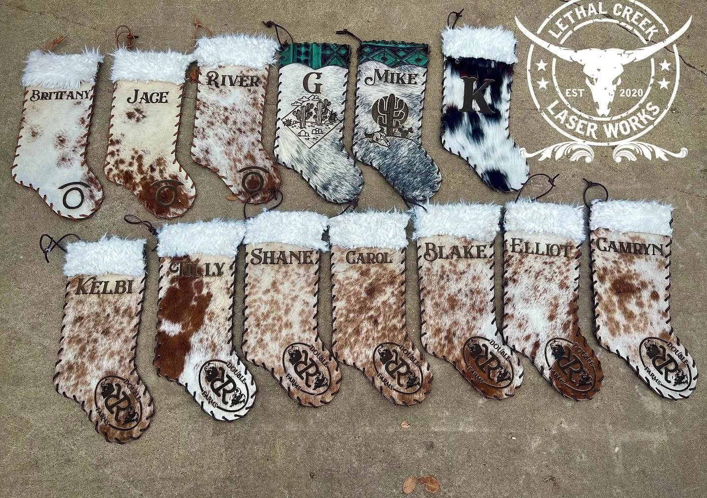 Christmas Cowhide Stockings - CUSTOM LASER BRANDED -  custom laser engraved cowhide and leather western decor by Lethal Creek Laser Works LLC