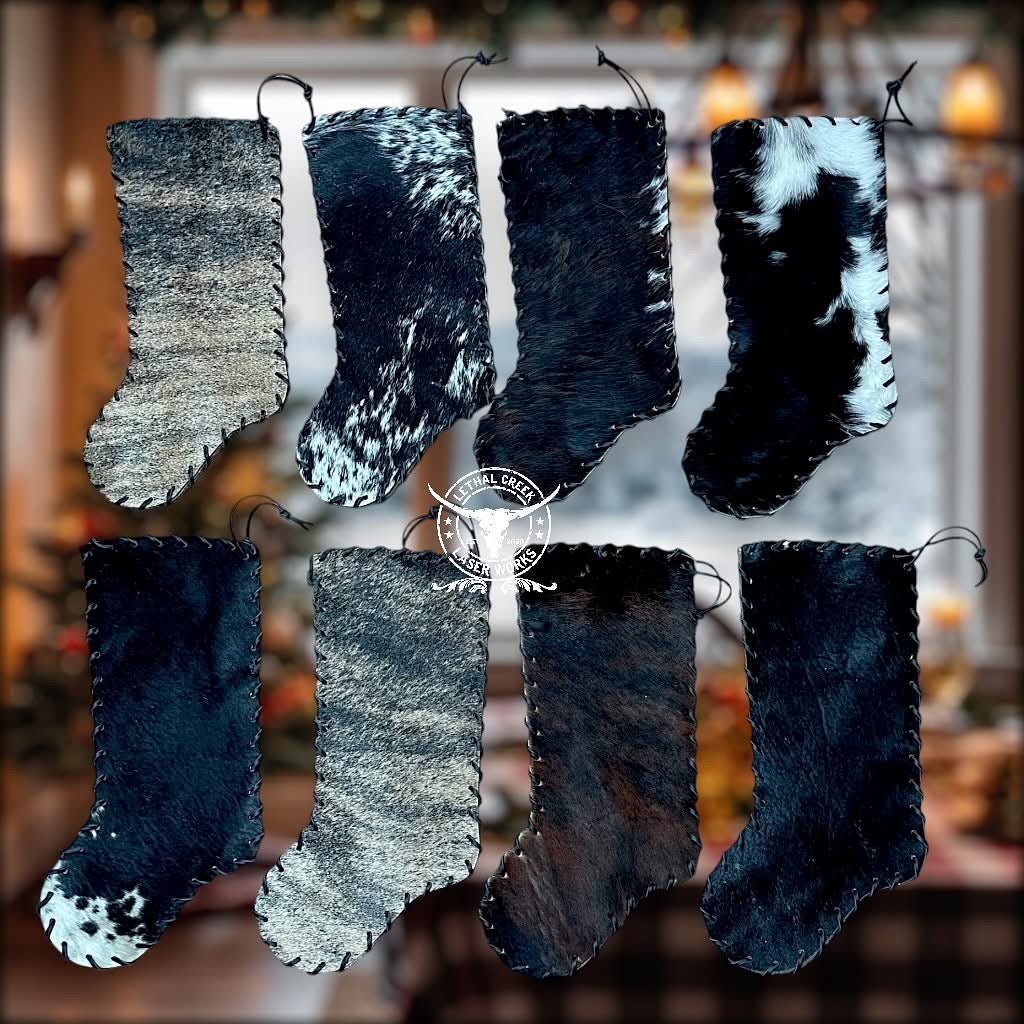 Christmas Cowhide Stockings - CUSTOM LASER BRANDED -  custom laser engraved cowhide and leather western decor by Lethal Creek Laser Works LLC
