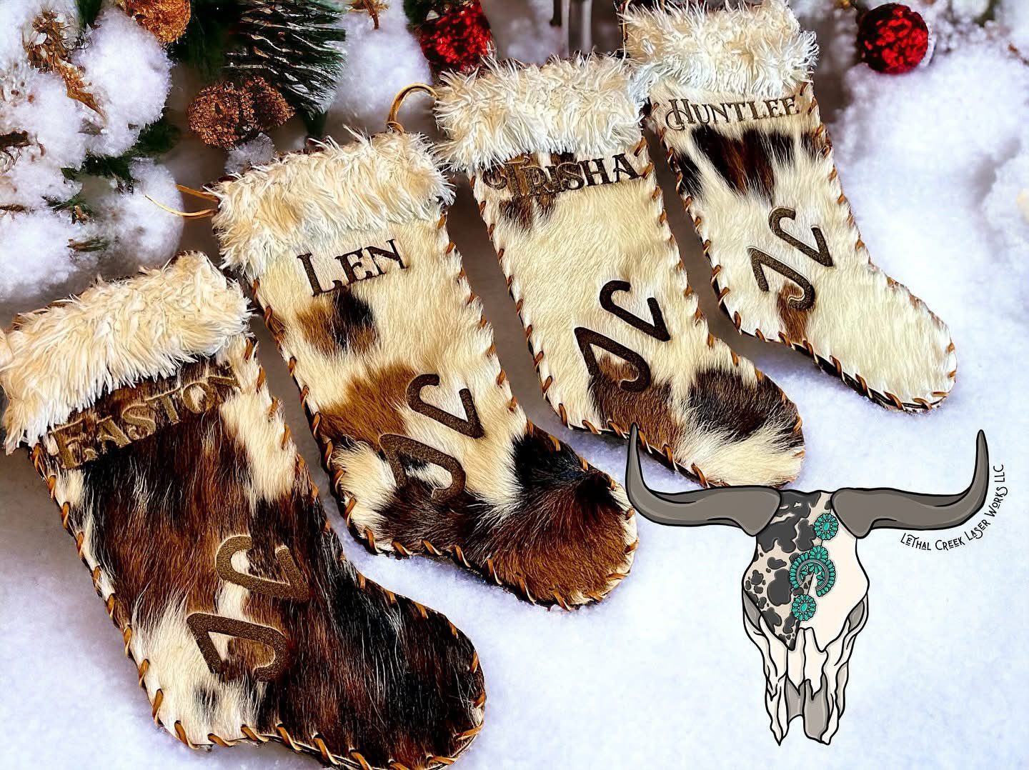 Christmas Cowhide Stockings - CUSTOM LASER BRANDED -  custom laser engraved cowhide and leather western decor by Lethal Creek Laser Works LLC